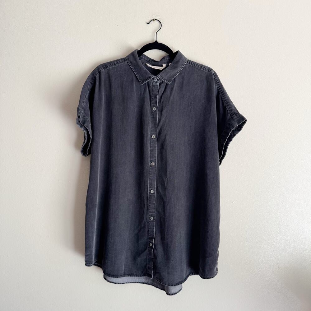 Soft Surroundings Black Grey Chambray Short Sleeve Collared Button Shirt Large